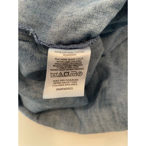 LOFT Button Front Denim Blouse Size L 100% Cotton Ruffle Detail Blue - Picture 4 of 5